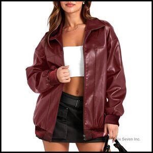 Oversized Faux Leather Bomber Jacket Moto Style Y2K Trendy Winter Coat